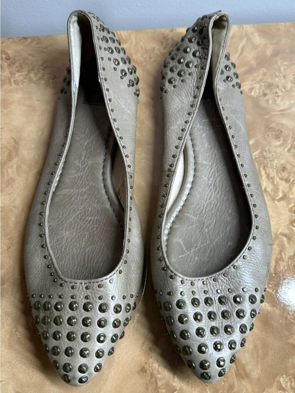 Frye Regina Studded Ballet Flats Taupe Leather Pointed Toe Size 8.5M